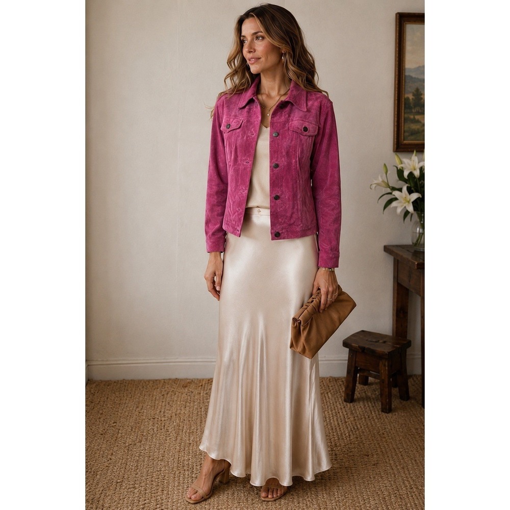 Vtg Suede Trucker Jacket Luxe Jewel Tone Berry Romantic Elevated Statement Large